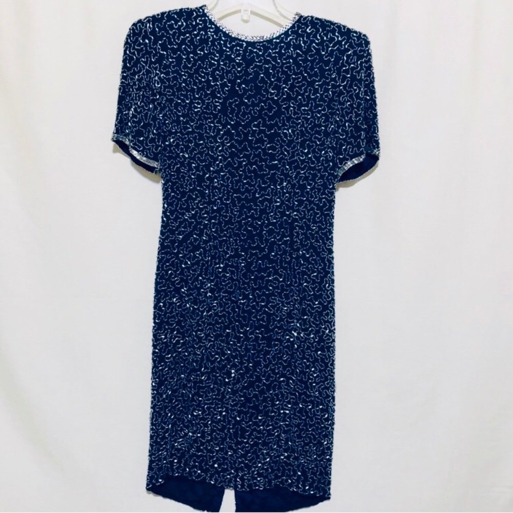 A.J. BARI Vintage Dress - Silk Sheath Blue Short Sleeve Dress- Bugle Beads